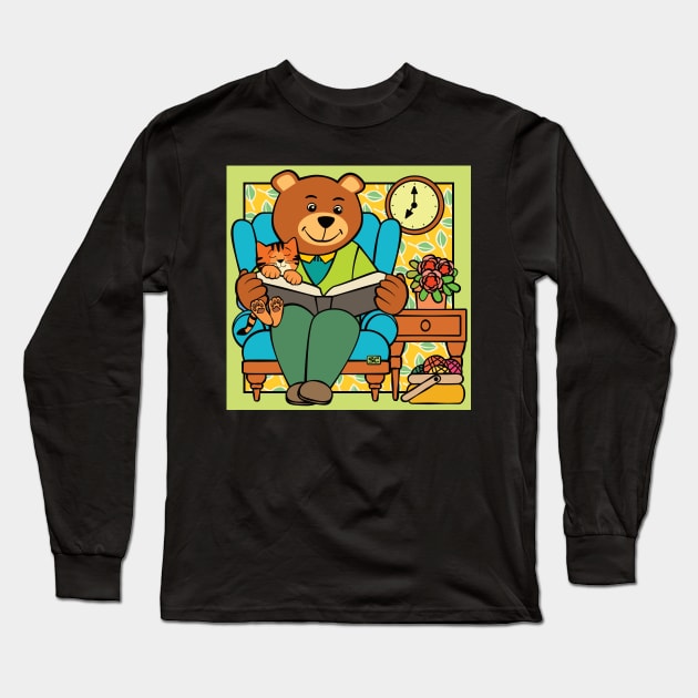 Paw Bear Reading to Cat Long Sleeve T-Shirt by Sue Cervenka